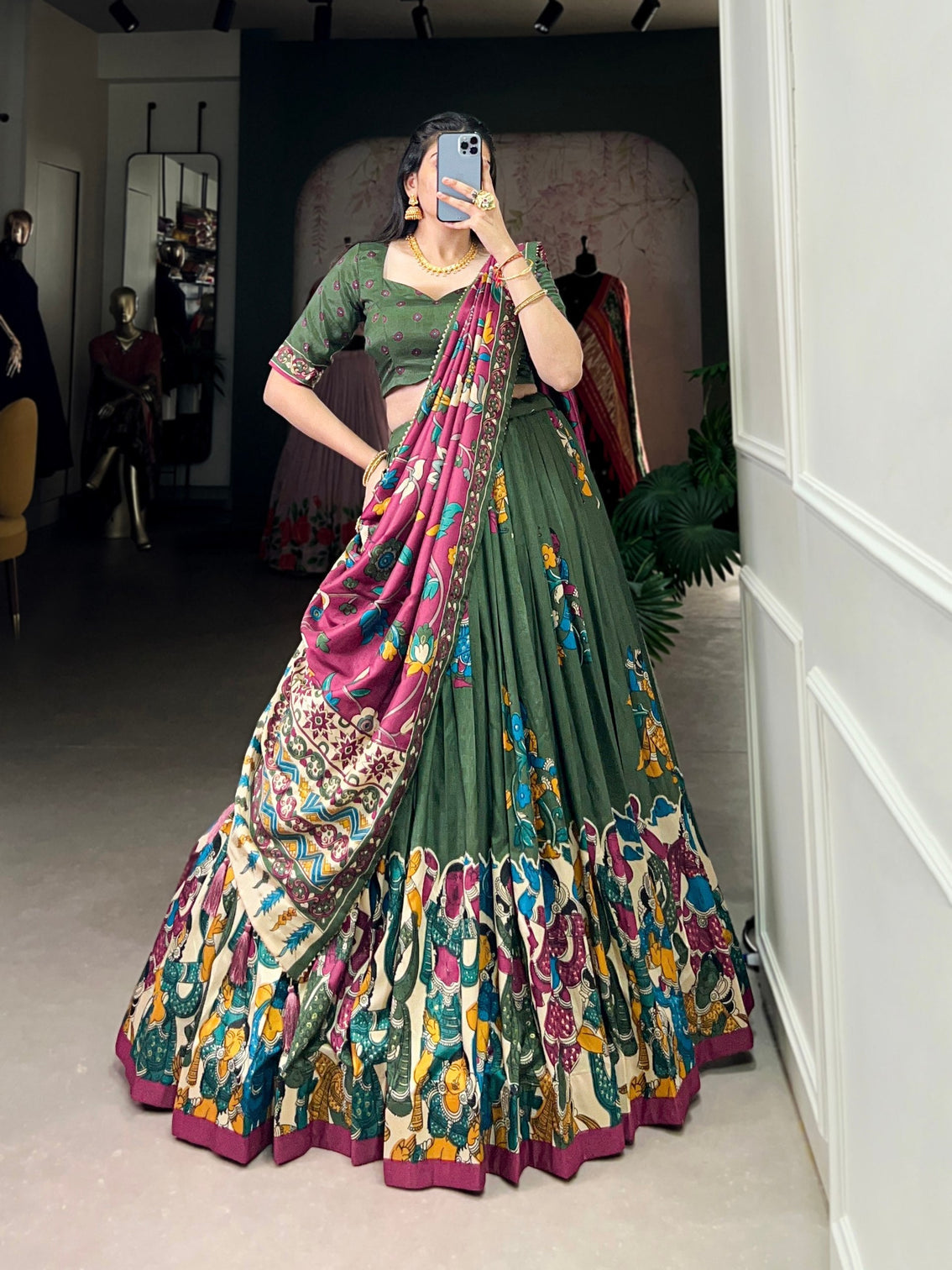 Green burgundy kalamkari dola silk lehenga set a fusion of tradition contemporary elegance mameraa