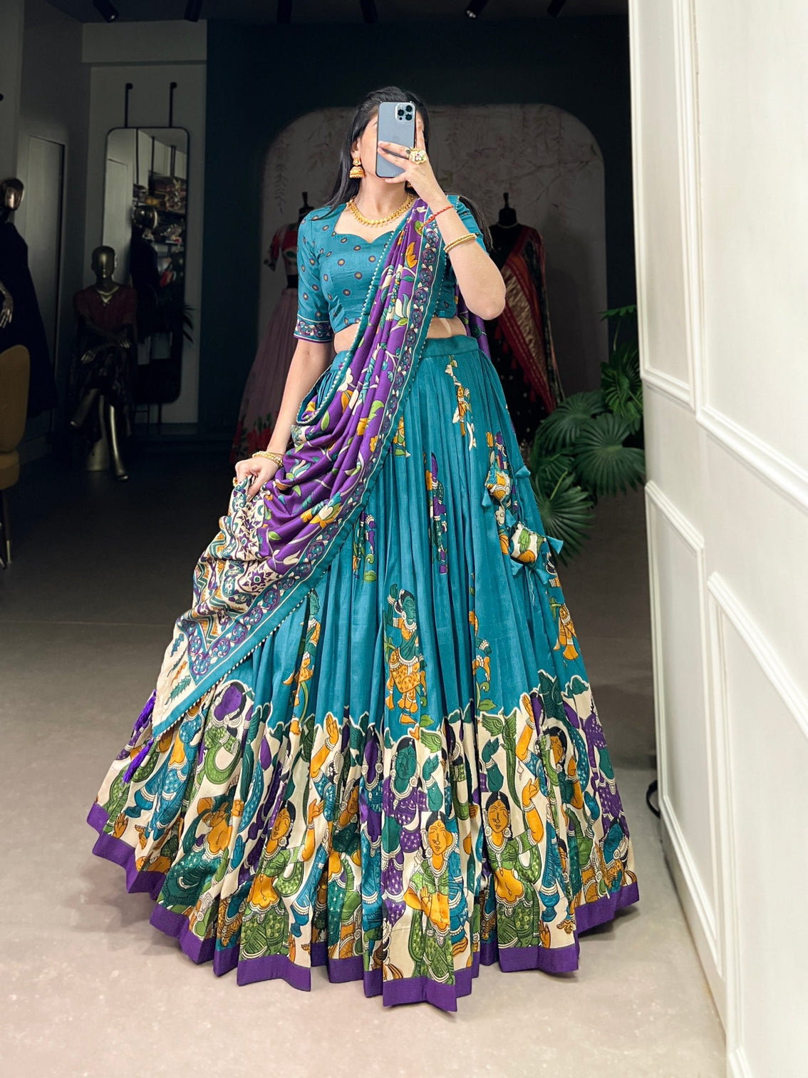 Teal blue royal purple kalamkari tussar silk lehenga set a regal statement of heritage grandeur mameraa
