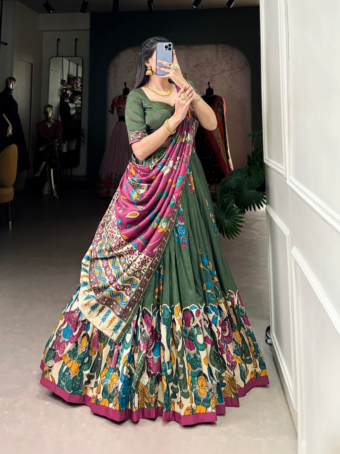 Green burgundy kalamkari dola silk lehenga set a fusion of tradition contemporary elegance