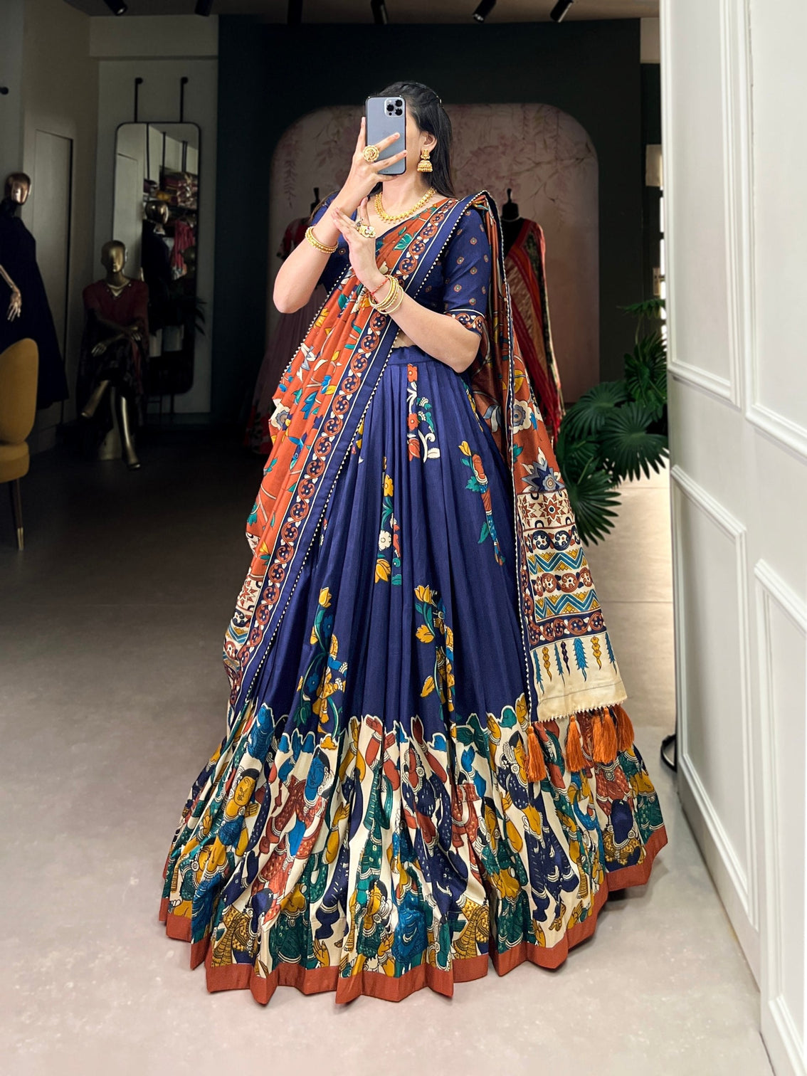 Royal midnight blue rust kalamkari tussar silk lehenga set a statement of cultural grandeur