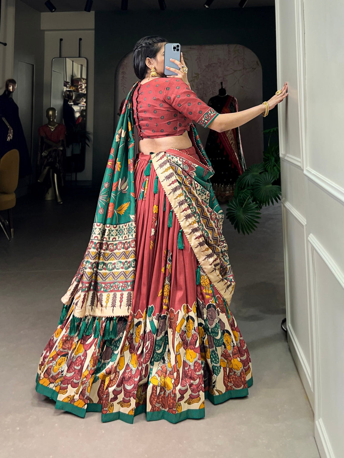 Rust emerald green tussar silk kalamkari lehenga set a celebration of art tradition