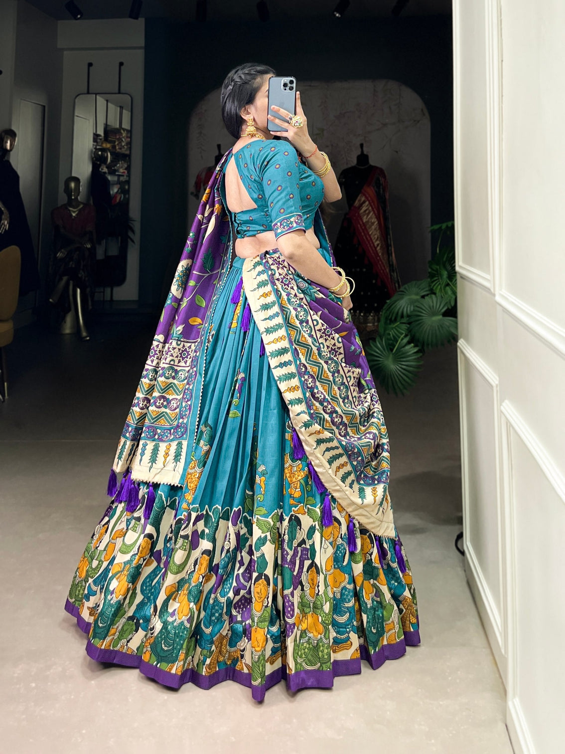 Teal blue royal purple kalamkari tussar silk lehenga set a regal statement of heritage grandeur