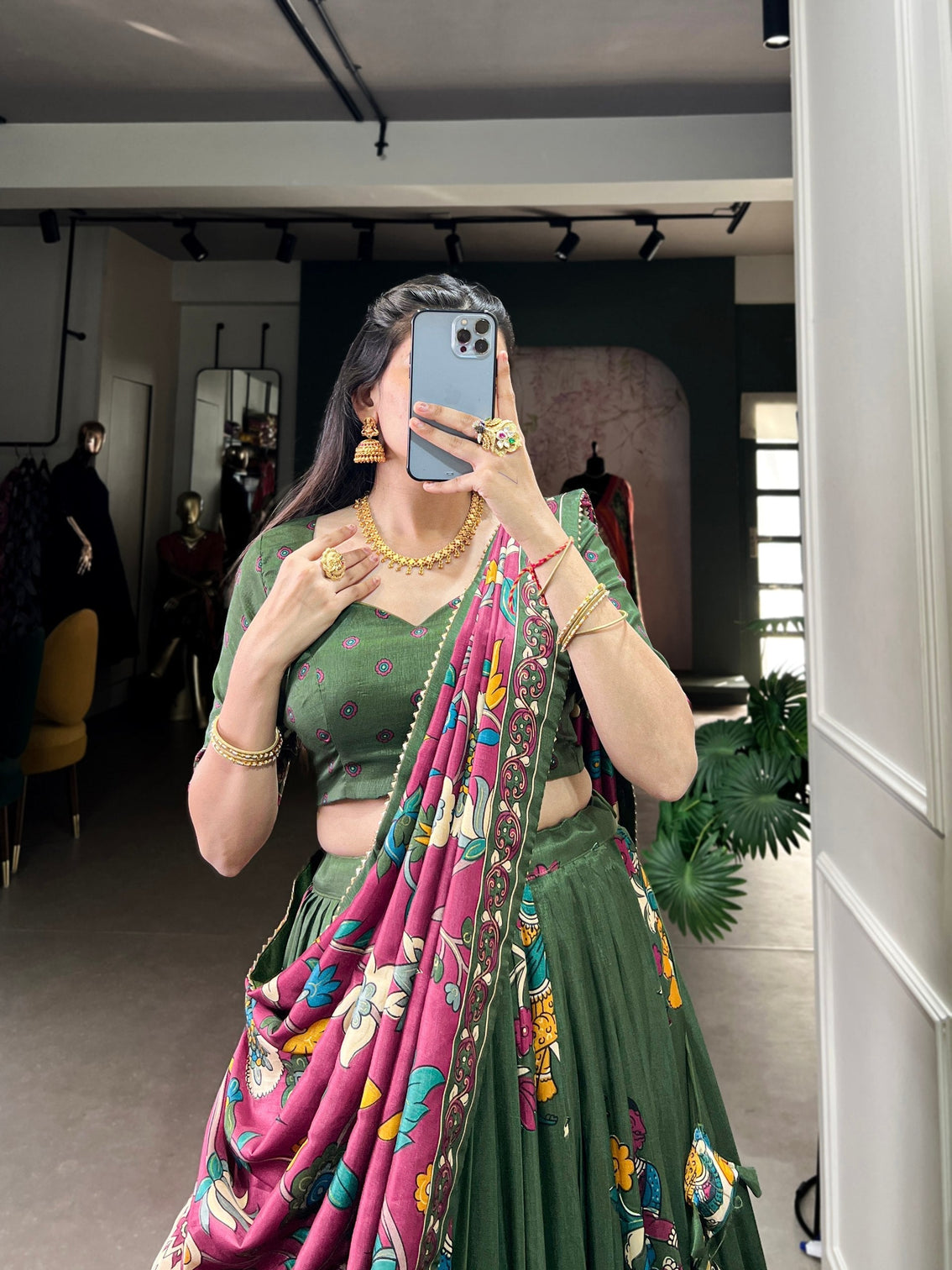 Green burgundy kalamkari dola silk lehenga set a fusion of tradition contemporary elegance