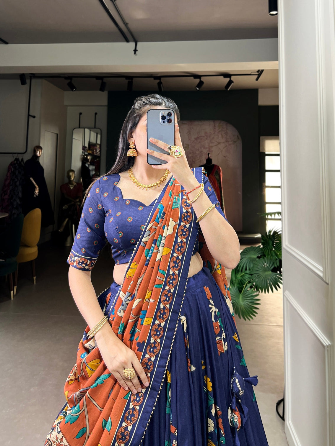 Royal midnight blue rust kalamkari tussar silk lehenga set a statement of cultural grandeur