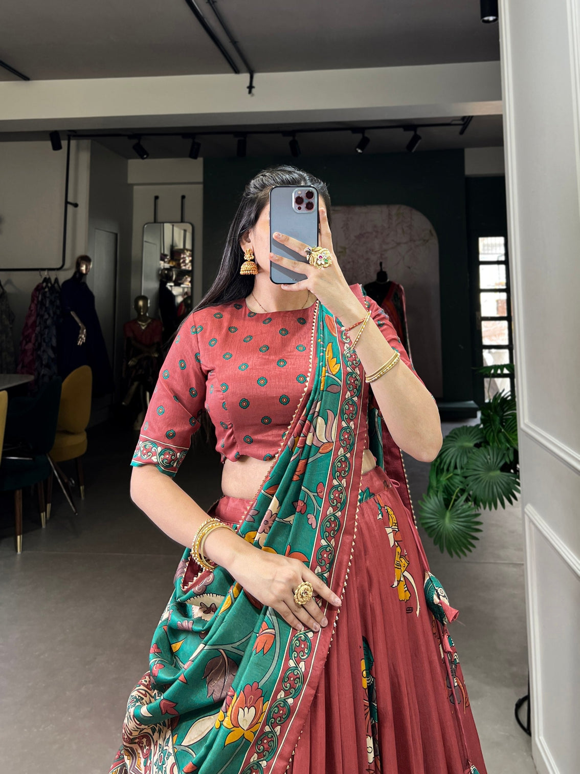 Rust emerald green tussar silk kalamkari lehenga set a celebration of art tradition