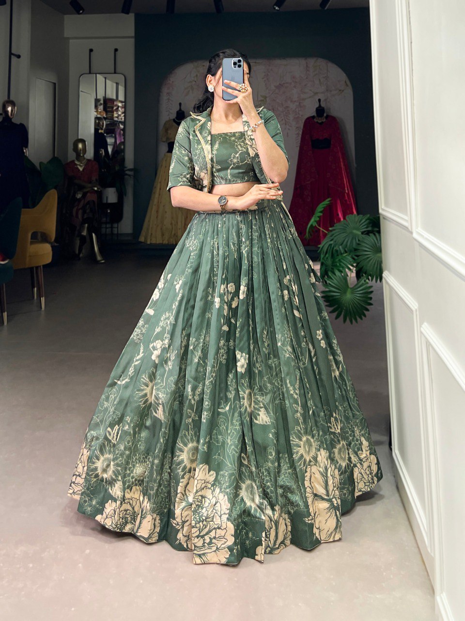 Sage green tussar silk lehenga set with floral print koti mameraa