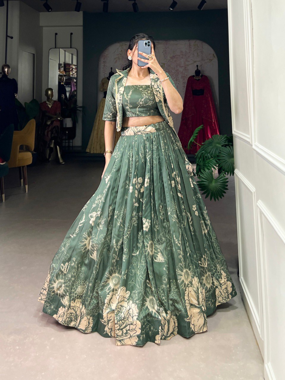 Sage green tussar silk lehenga set with floral print koti