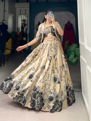 Beige black tussar silk lehenga set with floral print koti mameraa