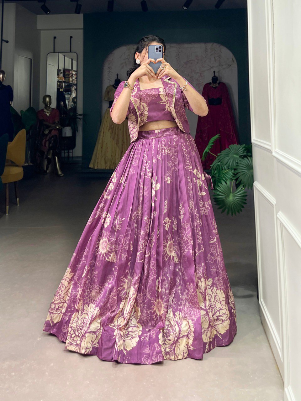 Elegant purple tussar silk floral lehenga set with koti mameraa