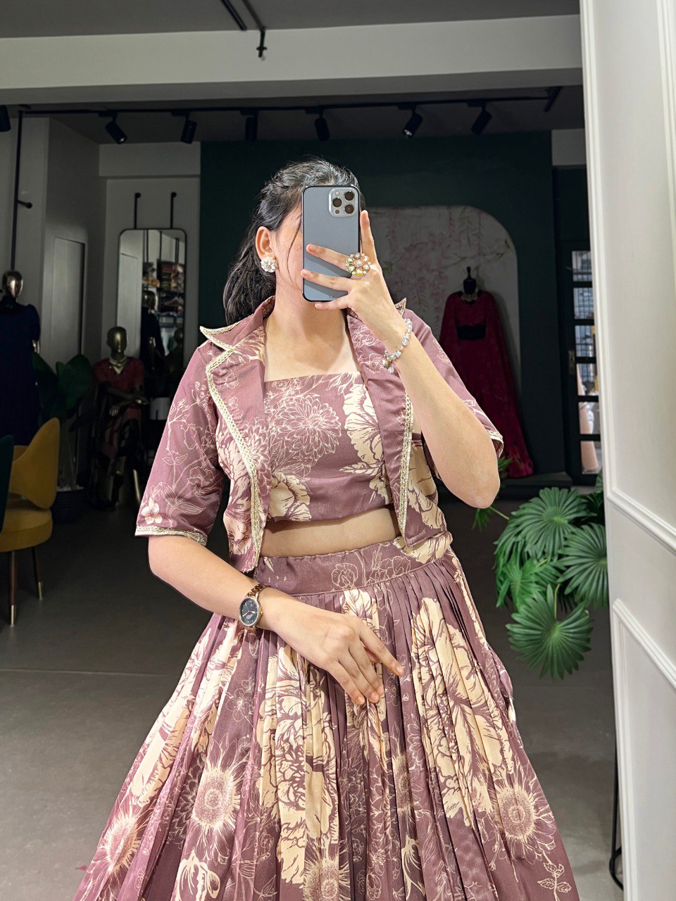 Mauve tussar silk lehenga set with floral print koti