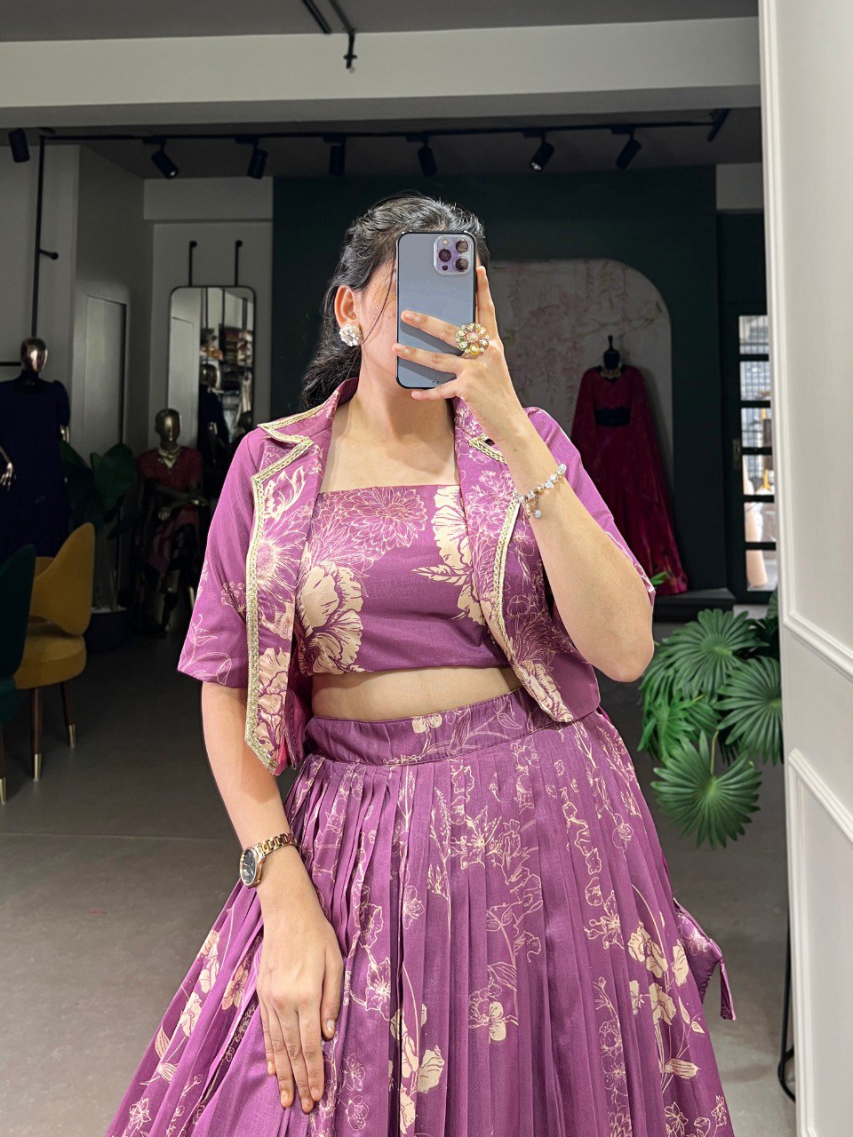 Elegant purple tussar silk floral lehenga set with koti
