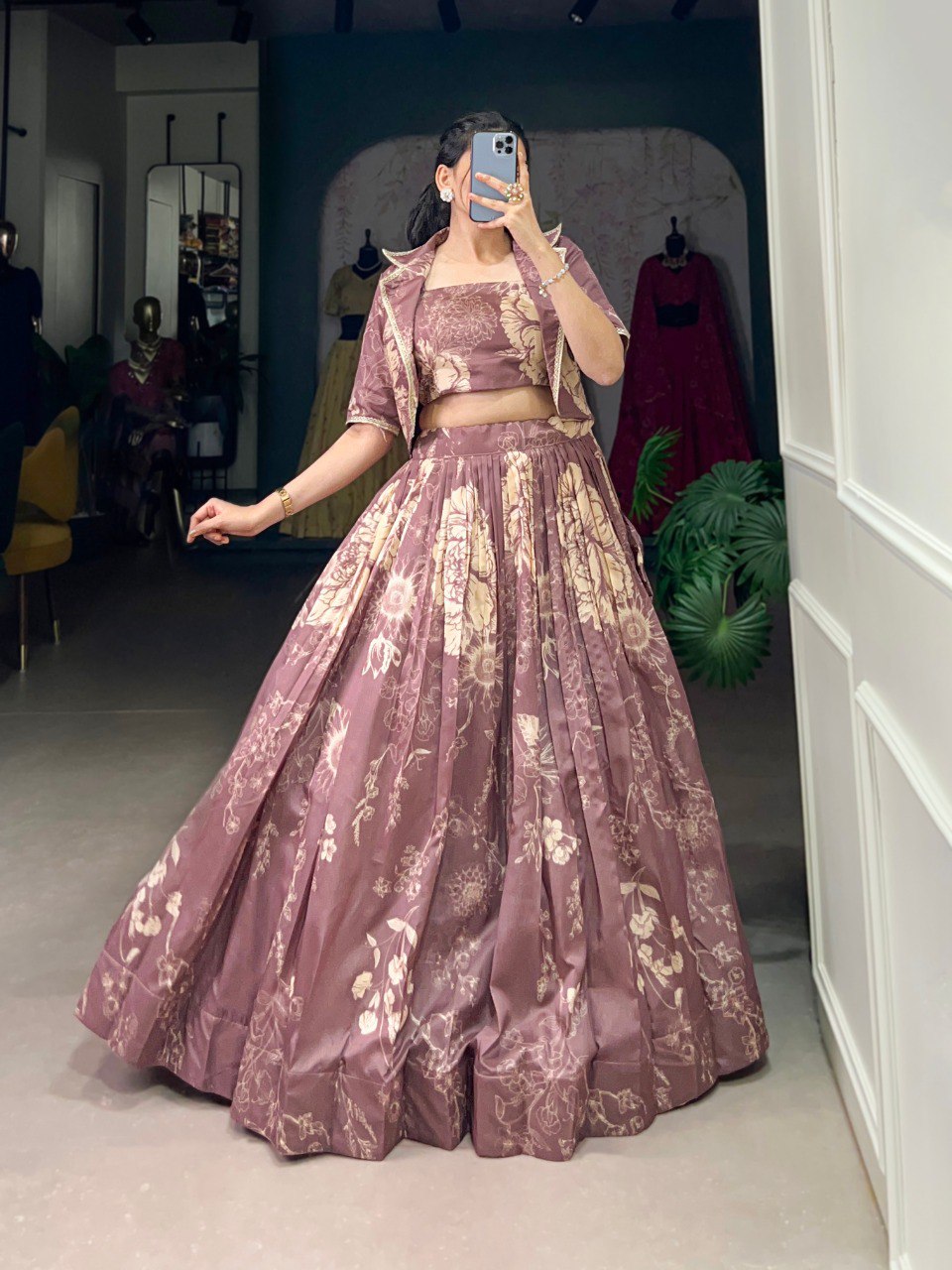 Mauve tussar silk lehenga set with floral print koti
