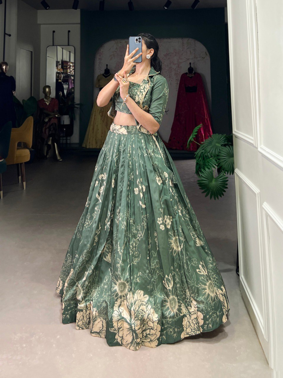 Sage green tussar silk lehenga set with floral print koti