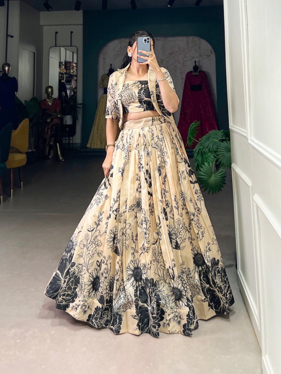 Beige black tussar silk lehenga set with floral print koti