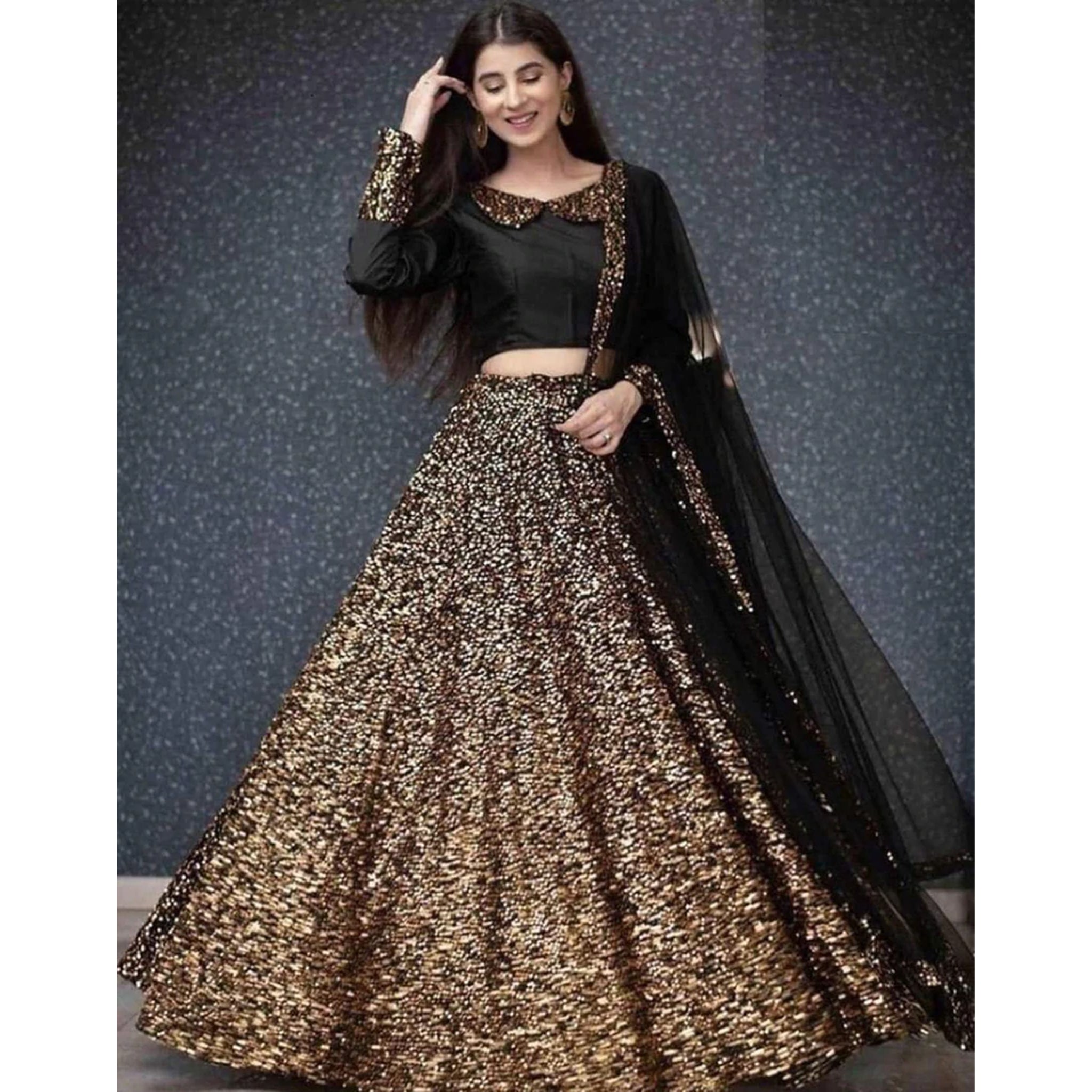 Black Lehenga Choli in Golden Sequence Tafeta for Wedding