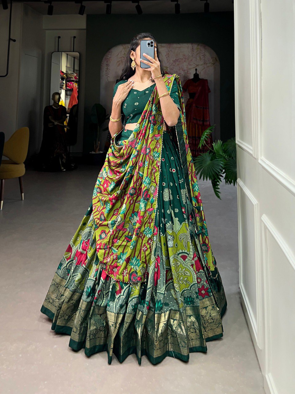 Regal green mustard kalamkari print tussar silk lehenga set mameraa