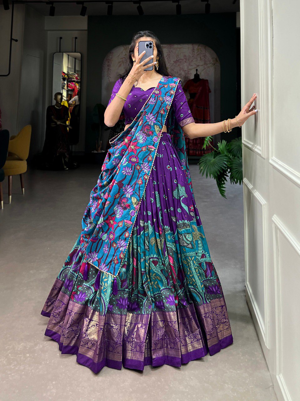 Regal purple teal tussar silk kalamkari print lehenga set mameraa