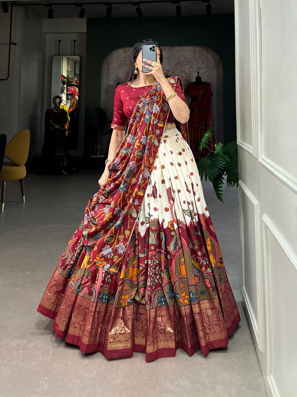 Regal maroon ivory tussar silk kalamkari print lehenga set mameraa
