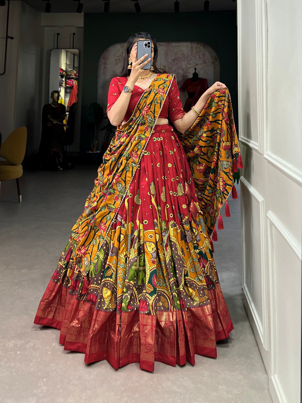 Regal red mustard tussar silk kalamkari print lehenga set