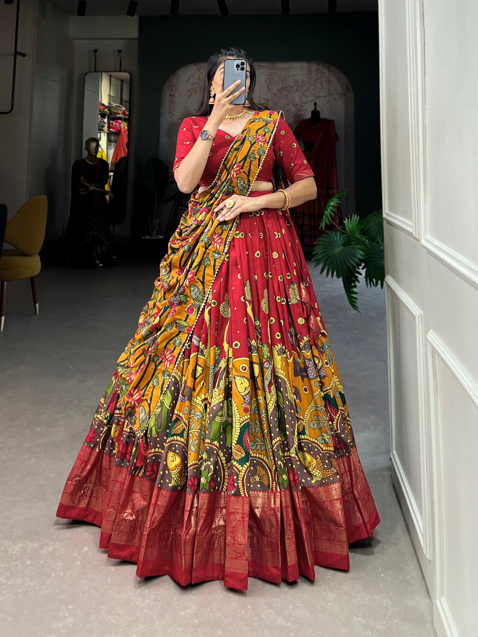Regal red mustard tussar silk kalamkari print lehenga set mameraa