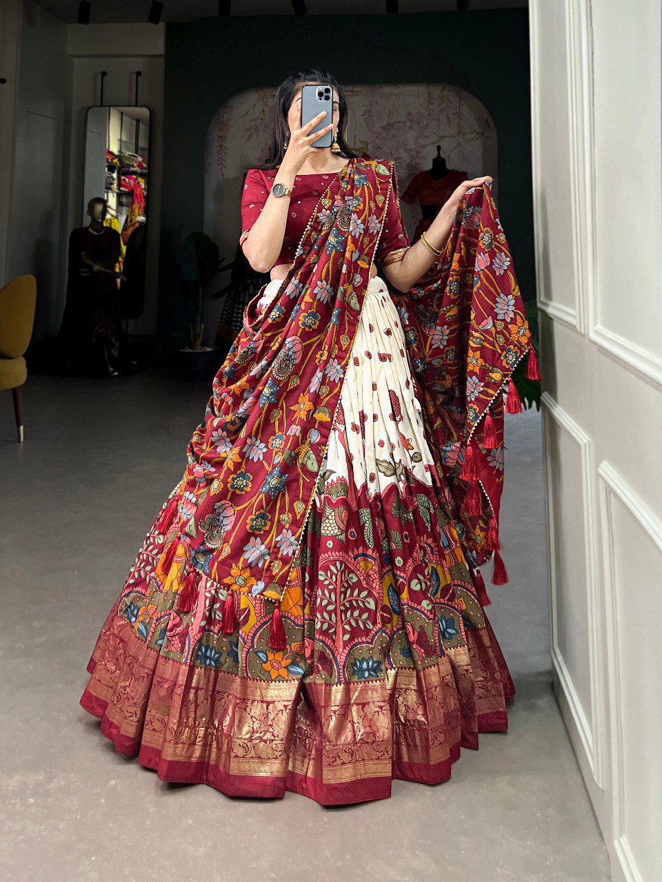 Regal maroon ivory tussar silk kalamkari print lehenga set