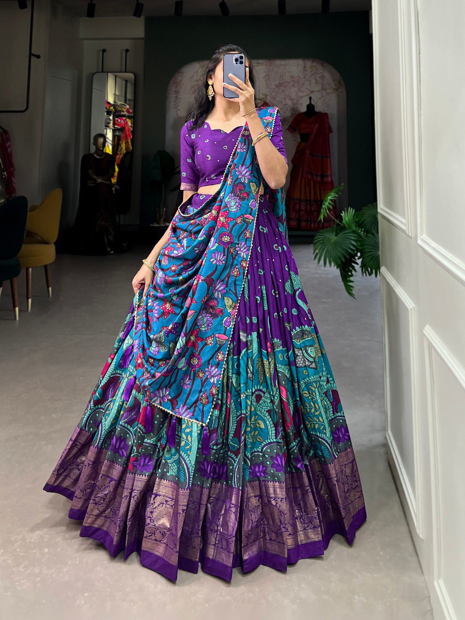 Regal purple teal tussar silk kalamkari print lehenga set
