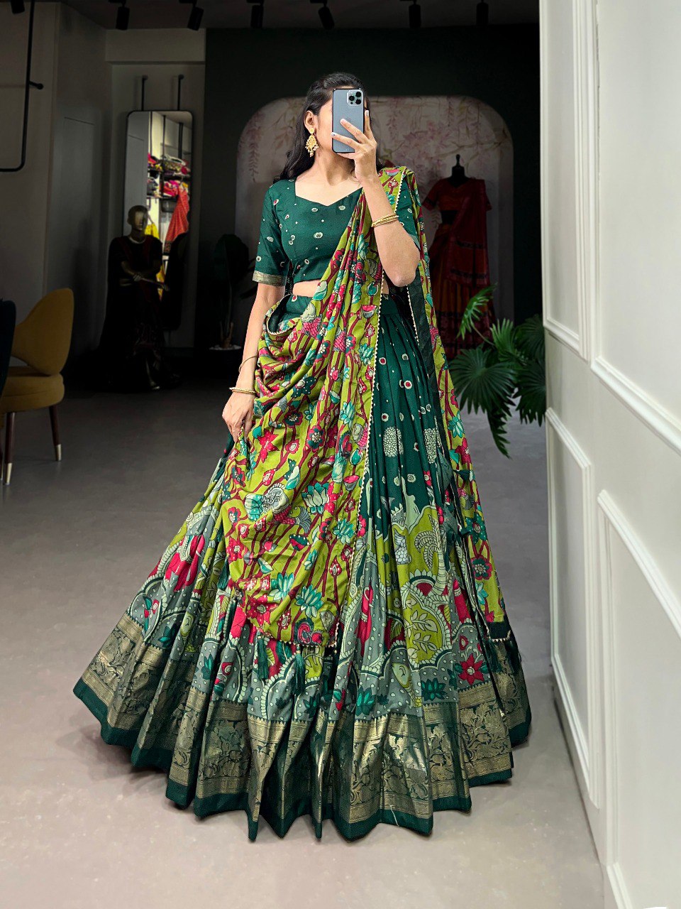 Regal green mustard kalamkari print tussar silk lehenga set