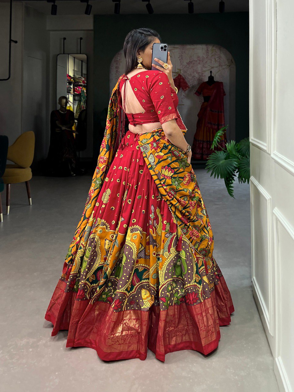 Regal red mustard tussar silk kalamkari print lehenga set