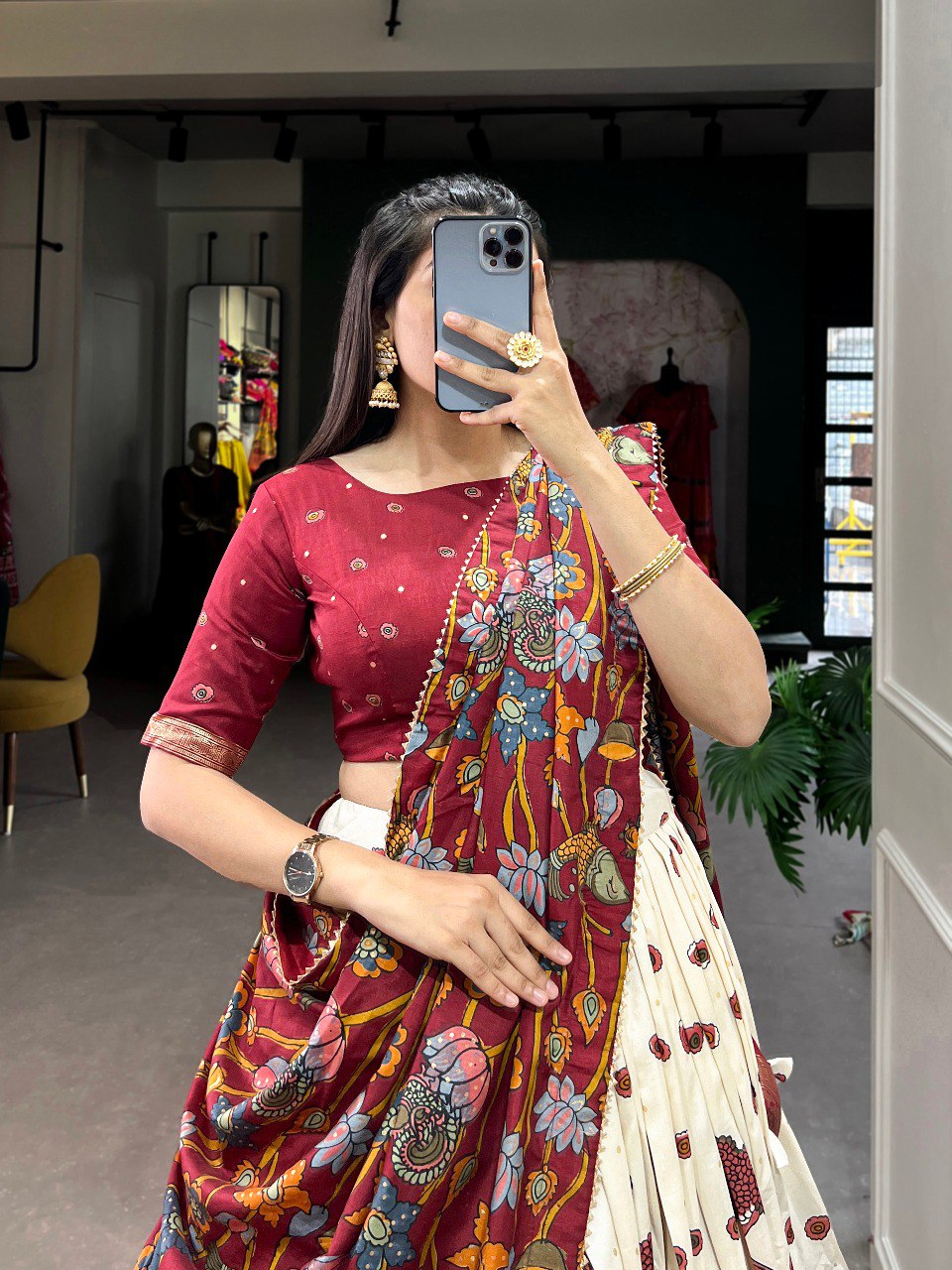 Regal maroon ivory tussar silk kalamkari print lehenga set