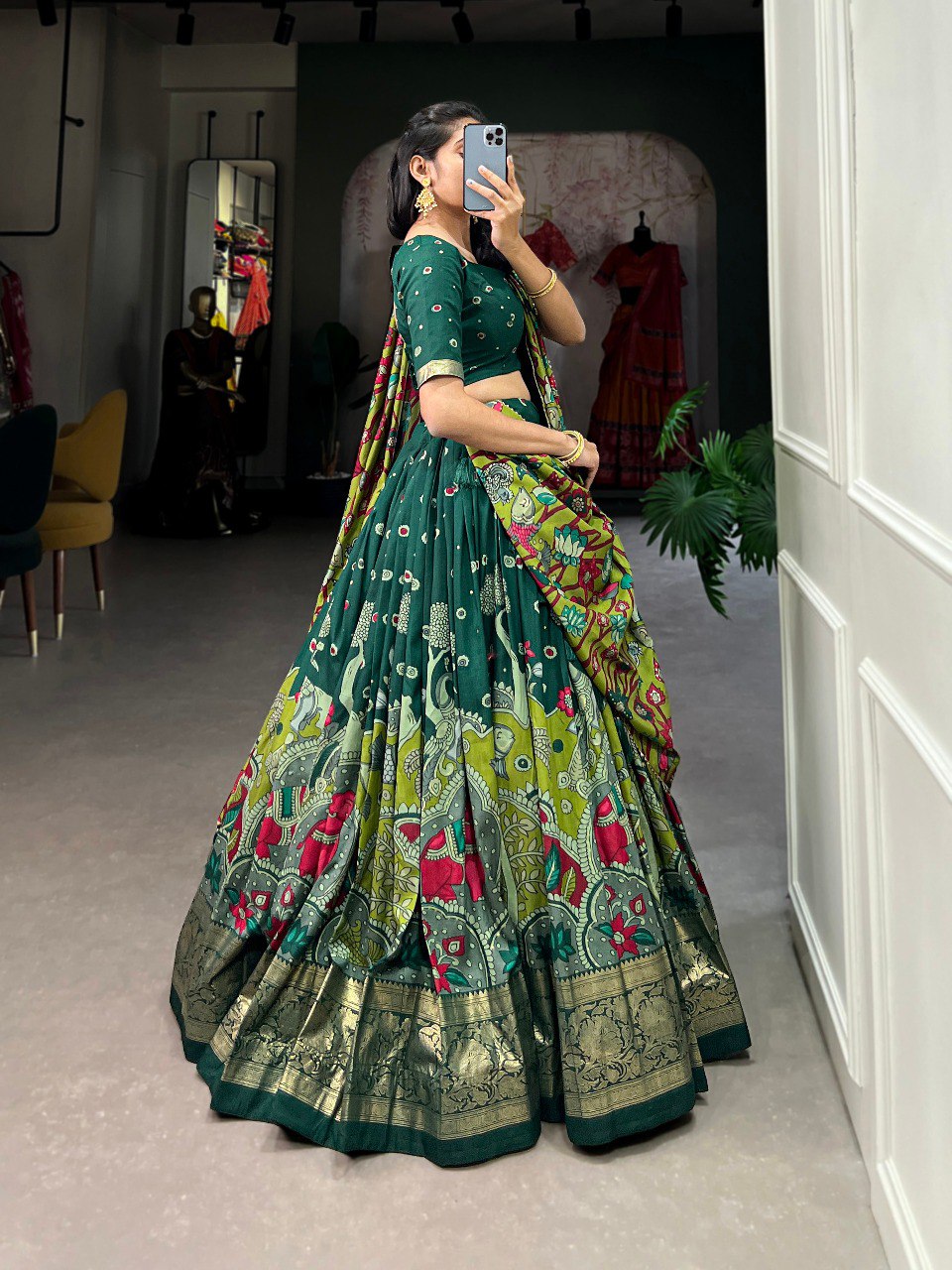 Regal green mustard kalamkari print tussar silk lehenga set