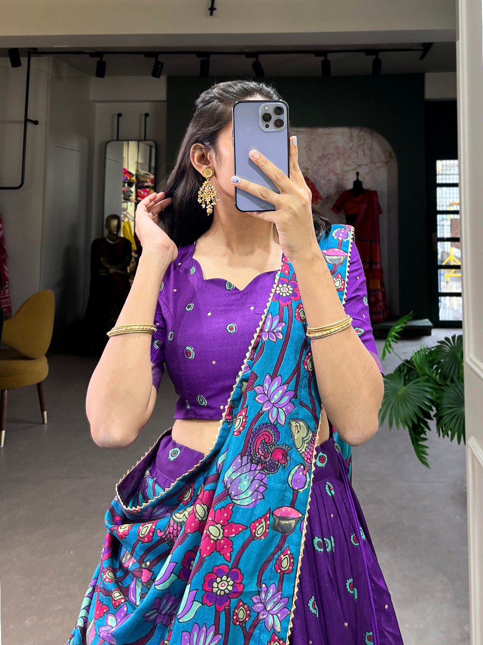 Regal purple teal tussar silk kalamkari print lehenga set