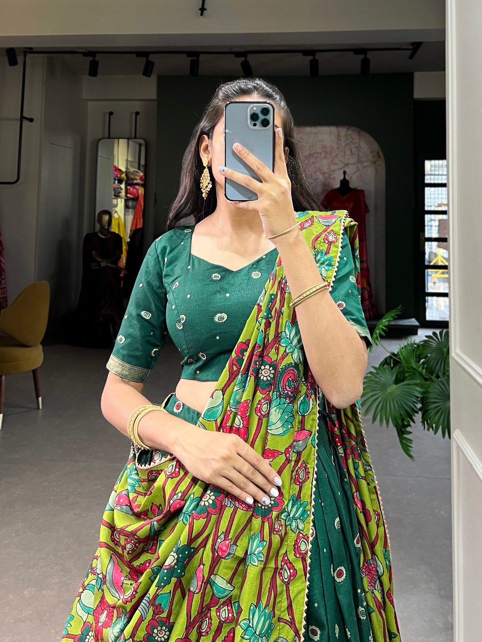 Regal green mustard kalamkari print tussar silk lehenga set
