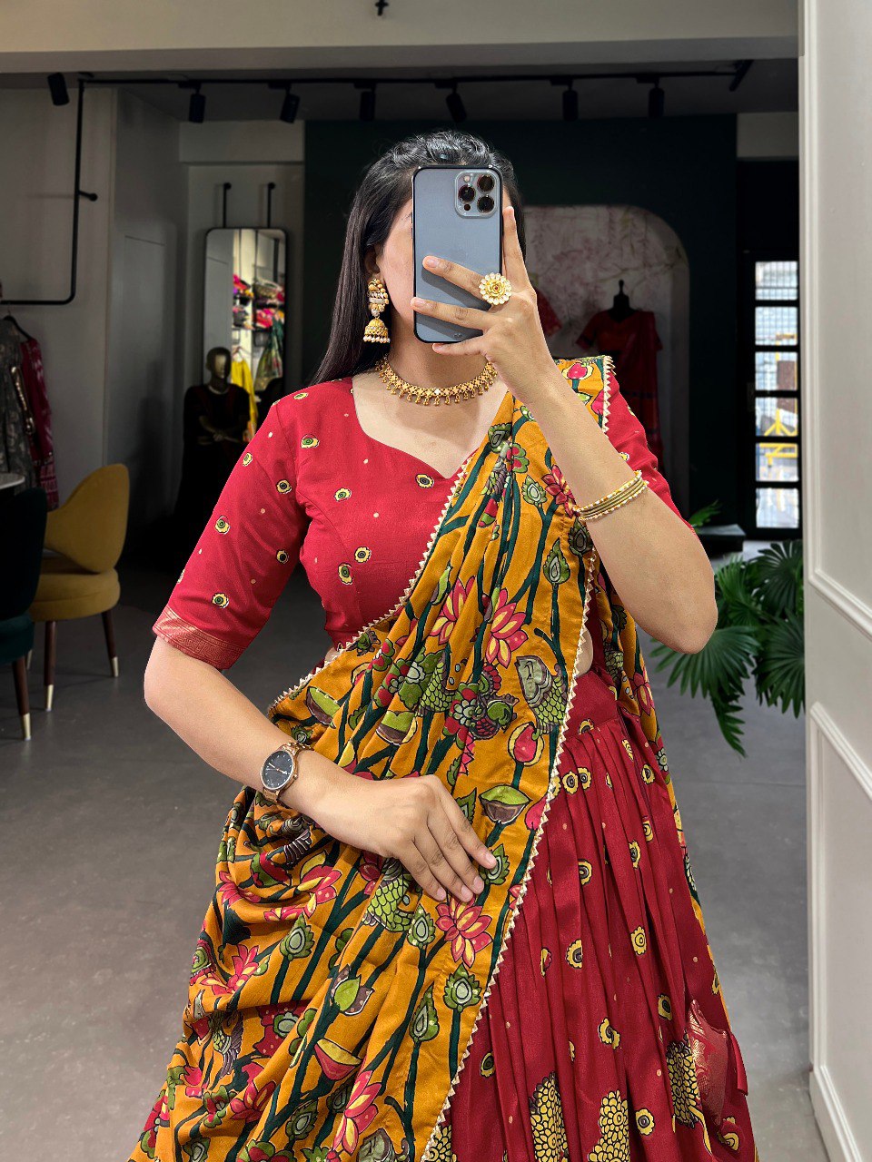 Regal red mustard tussar silk kalamkari print lehenga set