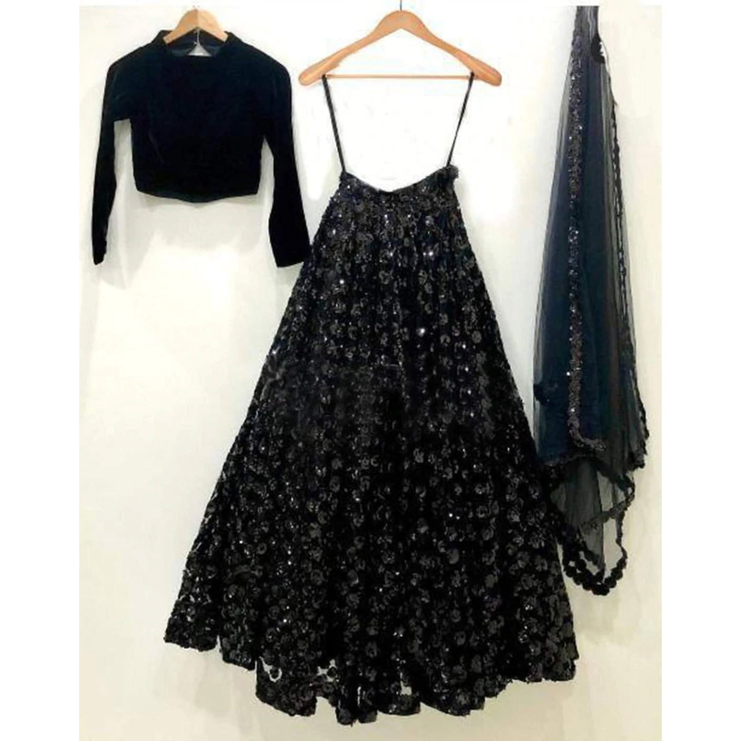 Black Lehenga Choli in Net with Sequence Work for Wedding