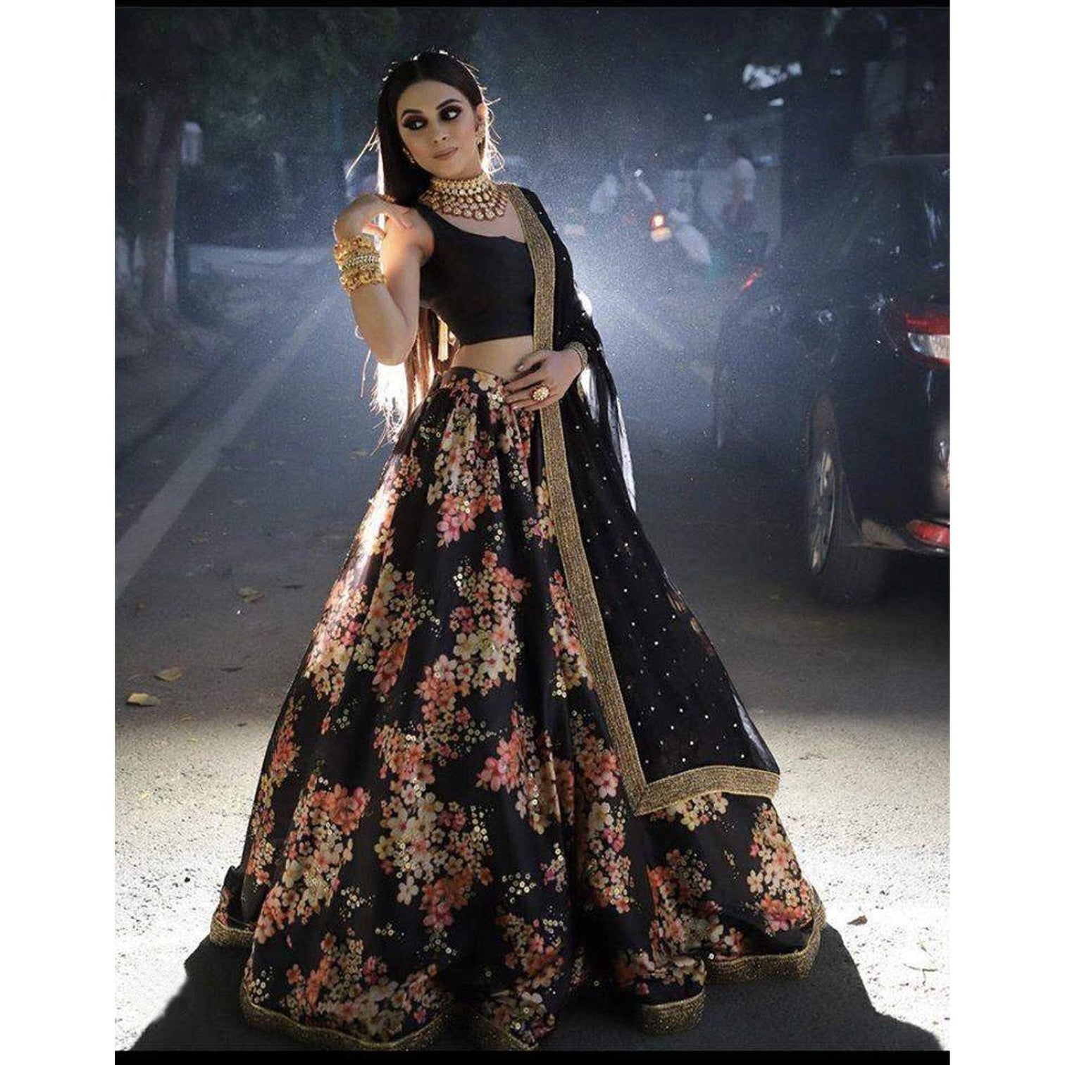 Black Lehenga Choli In Organza Fabric with Digital Print Work and Net Dupatta