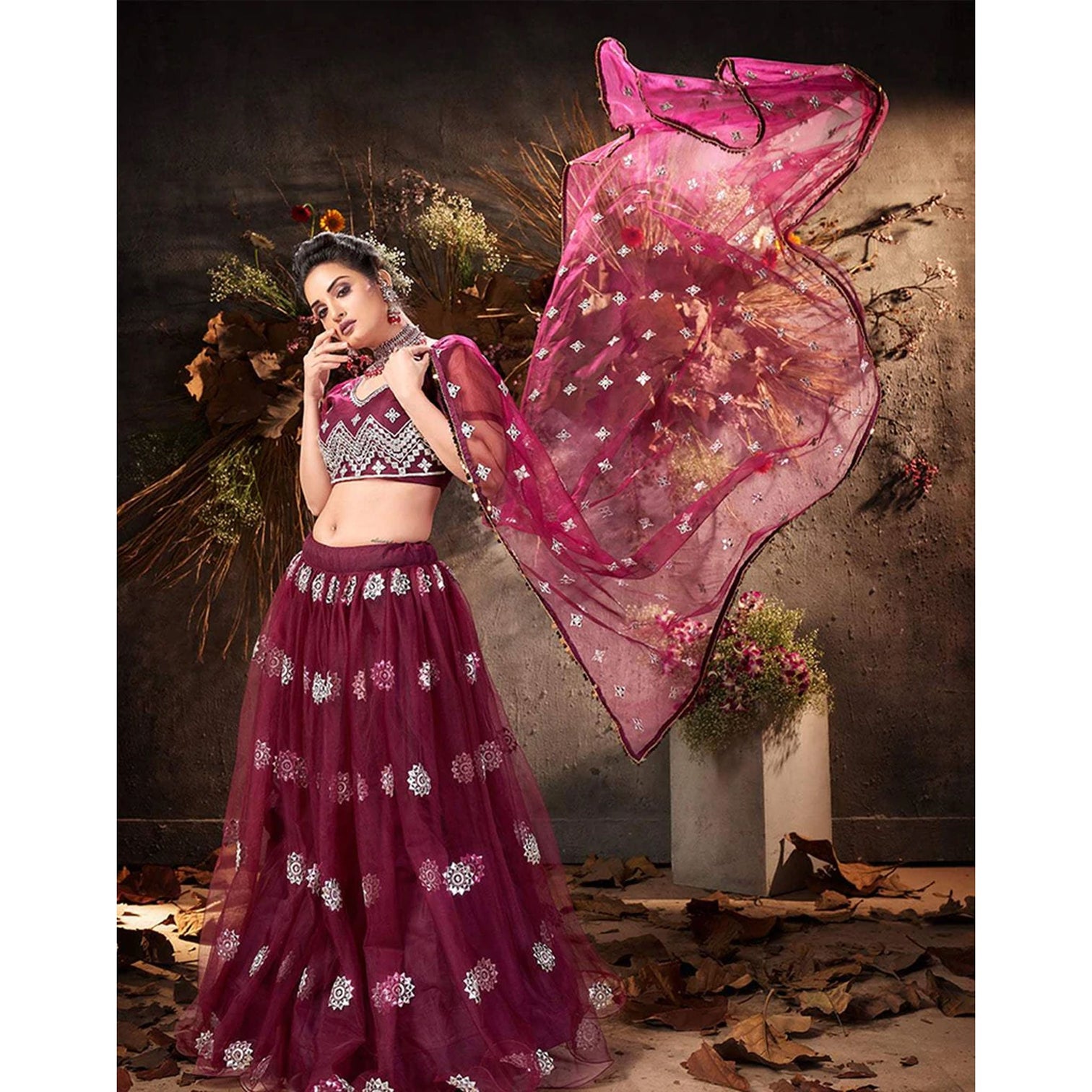 Velvet Maroon Gota Embroidery, Foil and Zari Lehenga choli