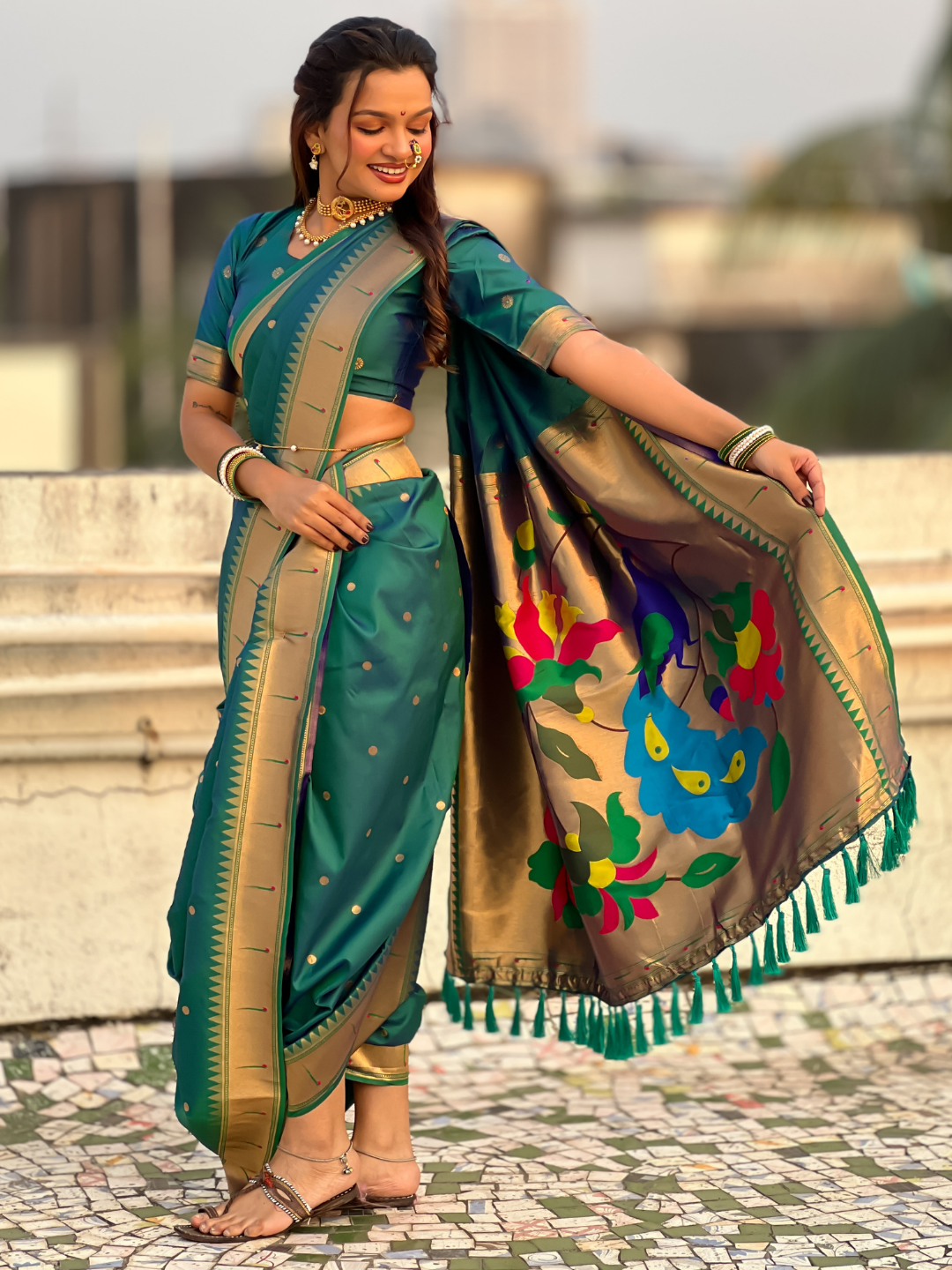 Parrot Green Wedding Special Nauvari Paithani Soft Silk Saree with Zari Woven Polka Motifs and Peacock Pallu