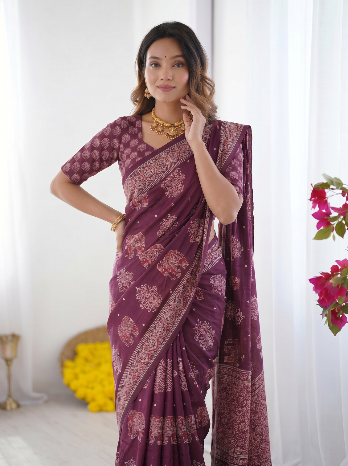 Plum purple modal silk saree with elephant motif print heritage designer pallu traditional festive wear saree