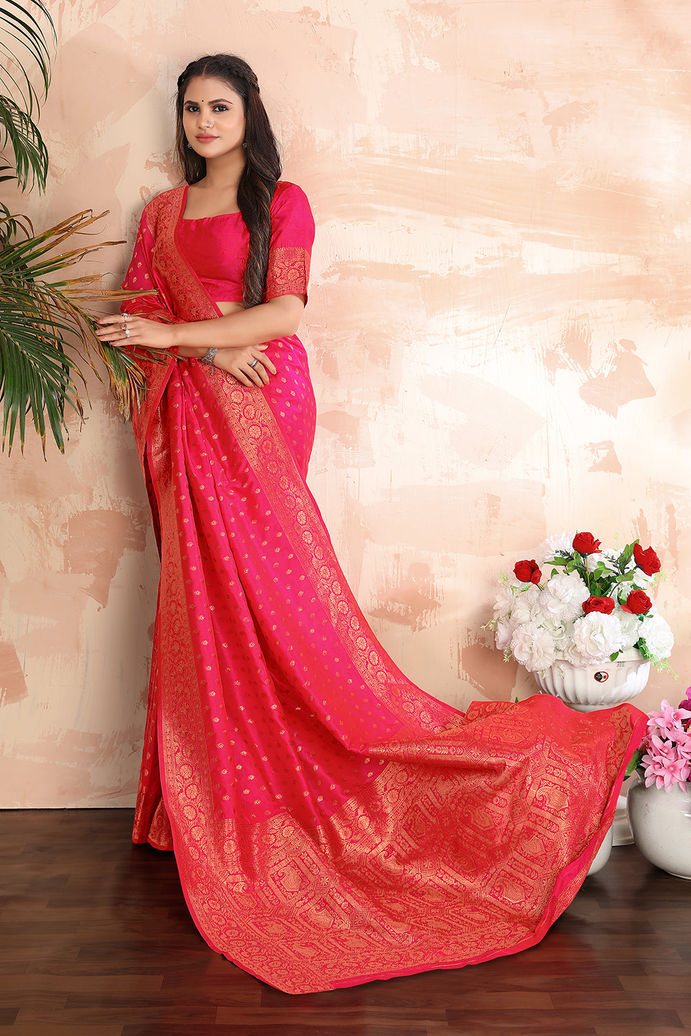 Rani Pink Color Banarasi Silk Zari Work Saree