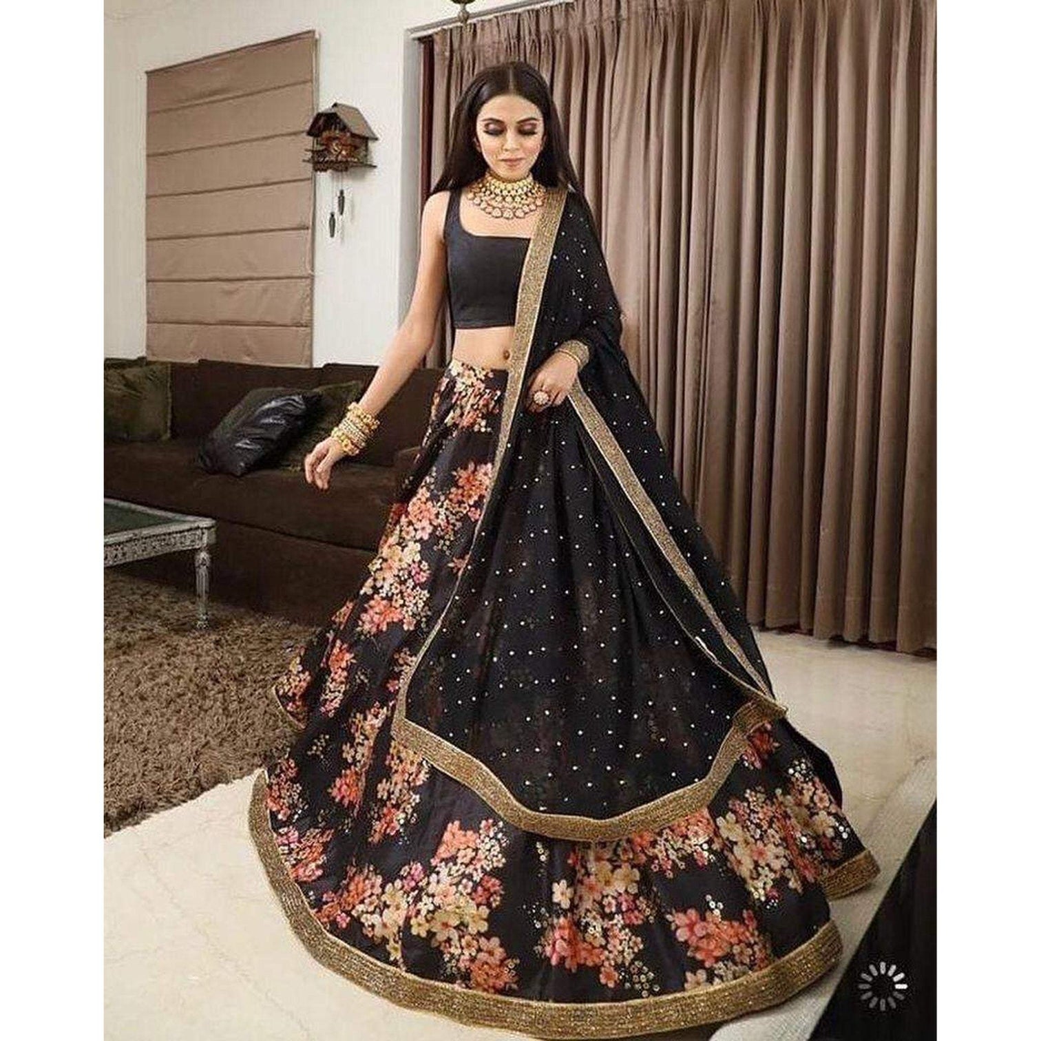 Black Lehenga Choli In Organza Fabric with Digital Print Work and Net Dupatta