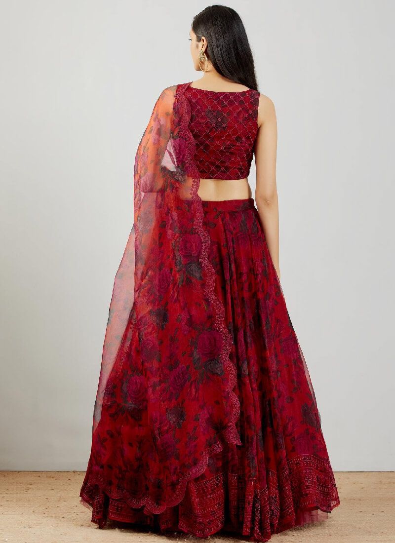 Dark Red color Organza Lehenga Choli with Digital print and Embroidery work