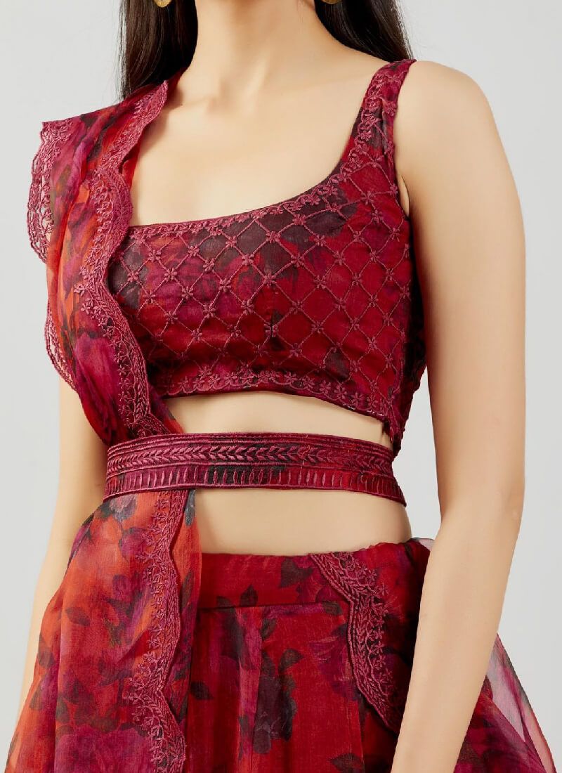 Dark Red color Organza Lehenga Choli with Digital print and Embroidery work