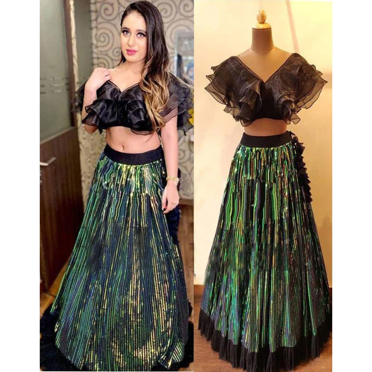 Black Lehenga Choli in Organza Silk with Unstitched Net Blouse