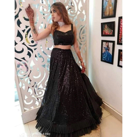 Black Lehenga Choli in Velvet with Sequence Work for Wedding