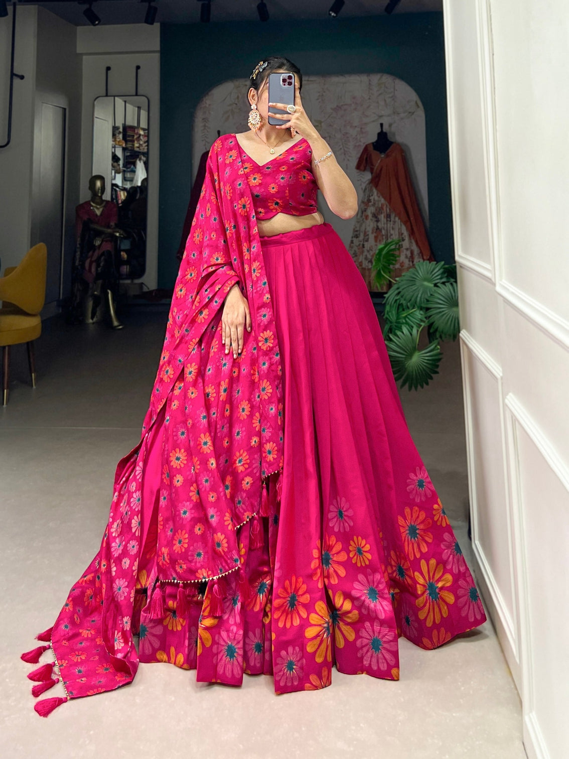 Radiant pink tussar silk floral printed lehenga set with foil work tassel dupatta mameraa