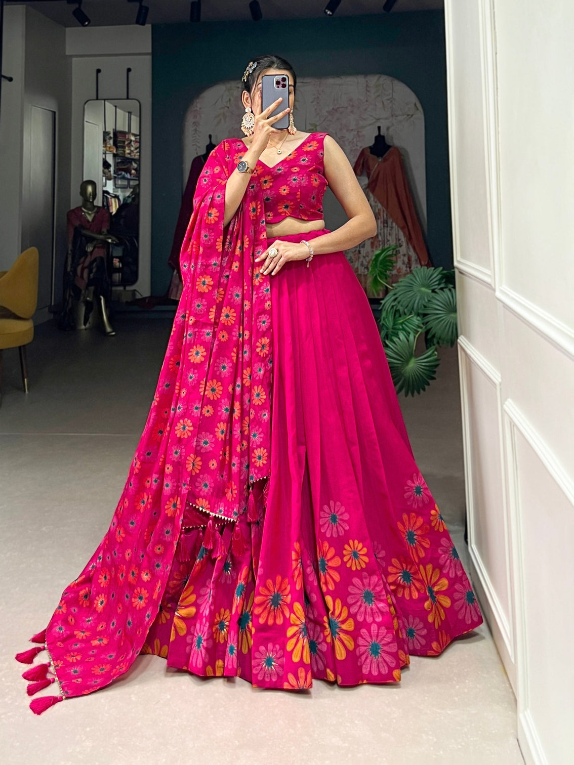 Radiant pink tussar silk floral printed lehenga set with foil work tassel dupatta