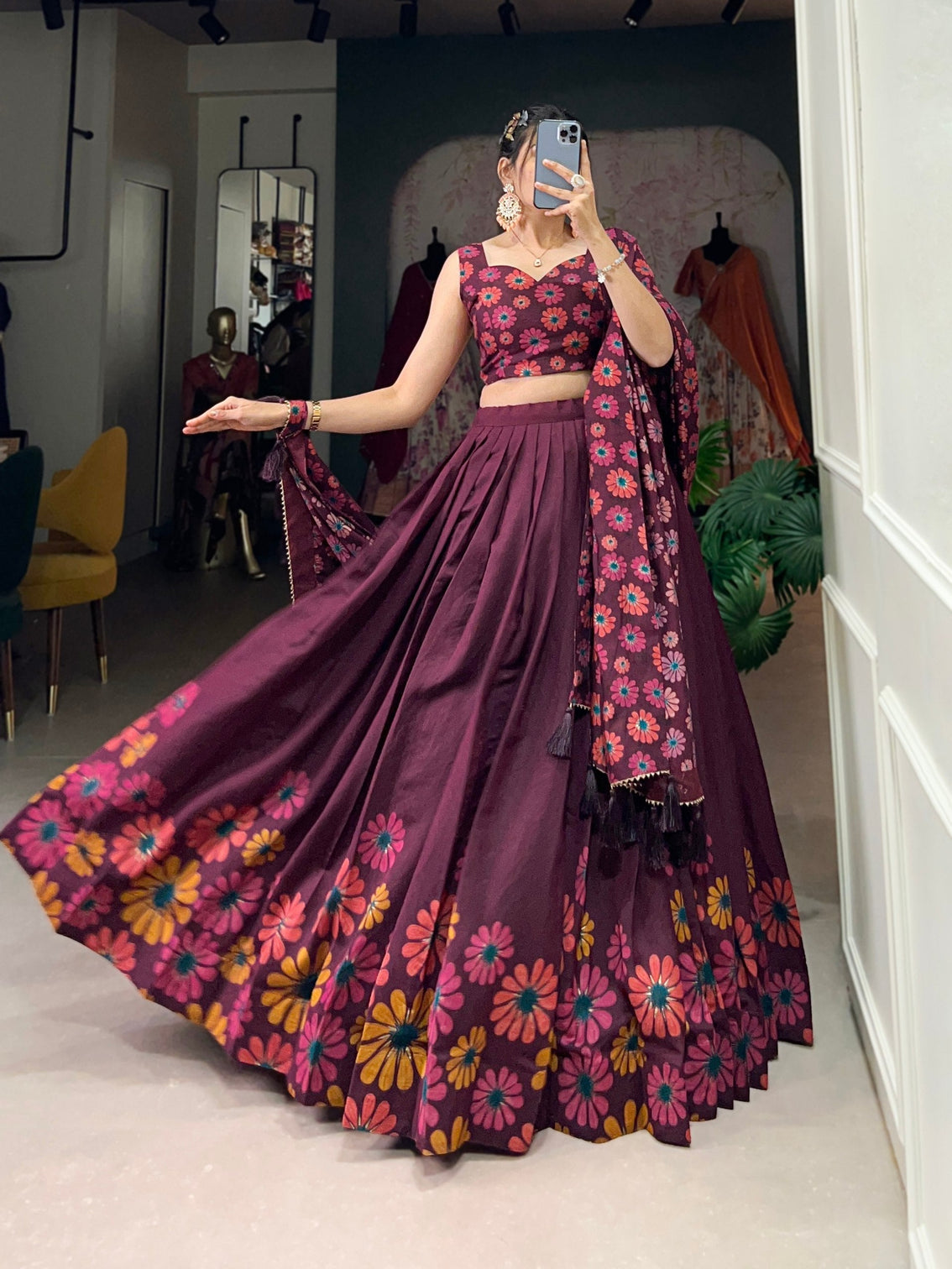 Elegant plum tussar silk floral printed lehenga set with foil detailing tassel dupatta mameraa