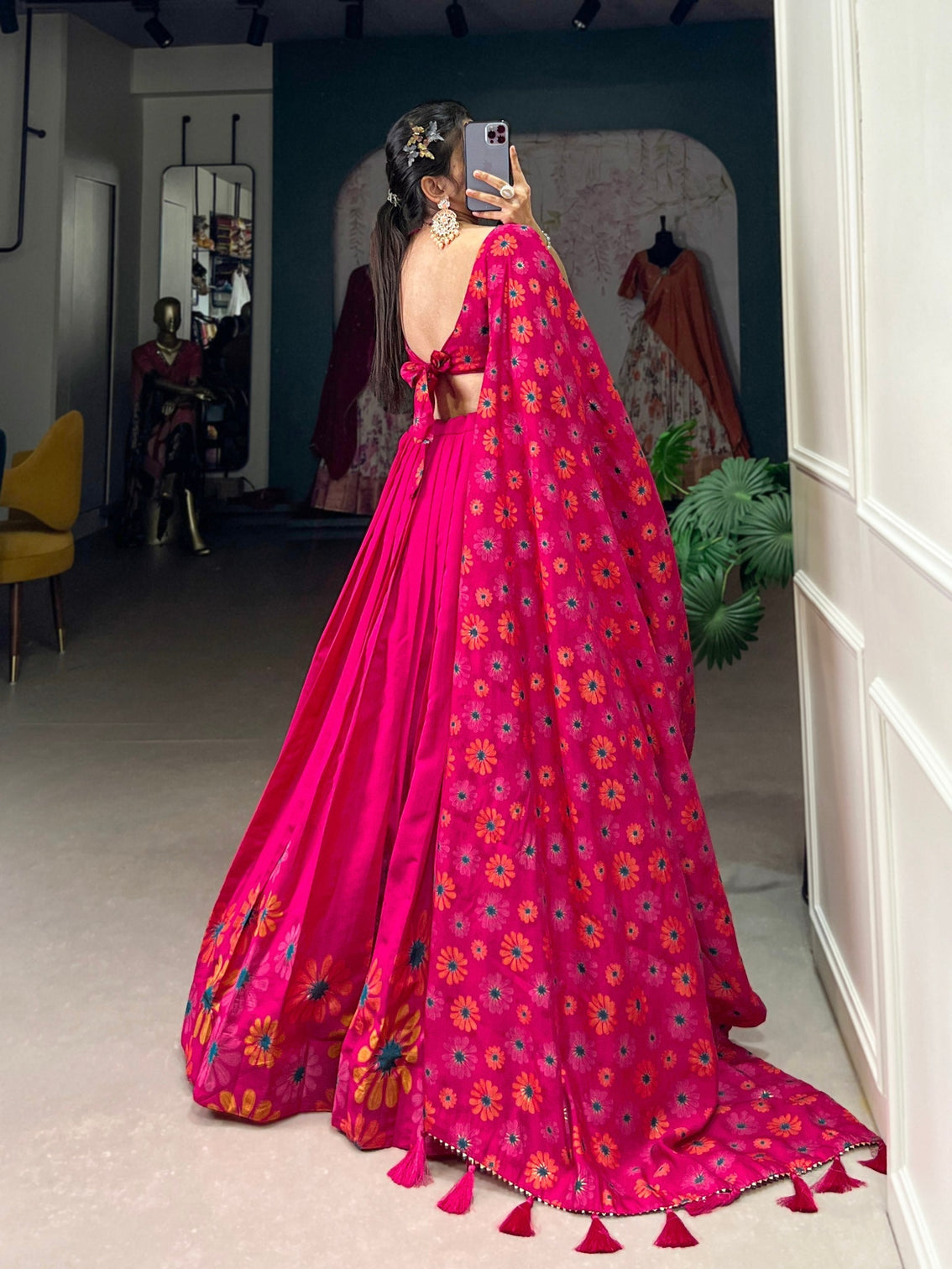 Radiant pink tussar silk floral printed lehenga set with foil work tassel dupatta