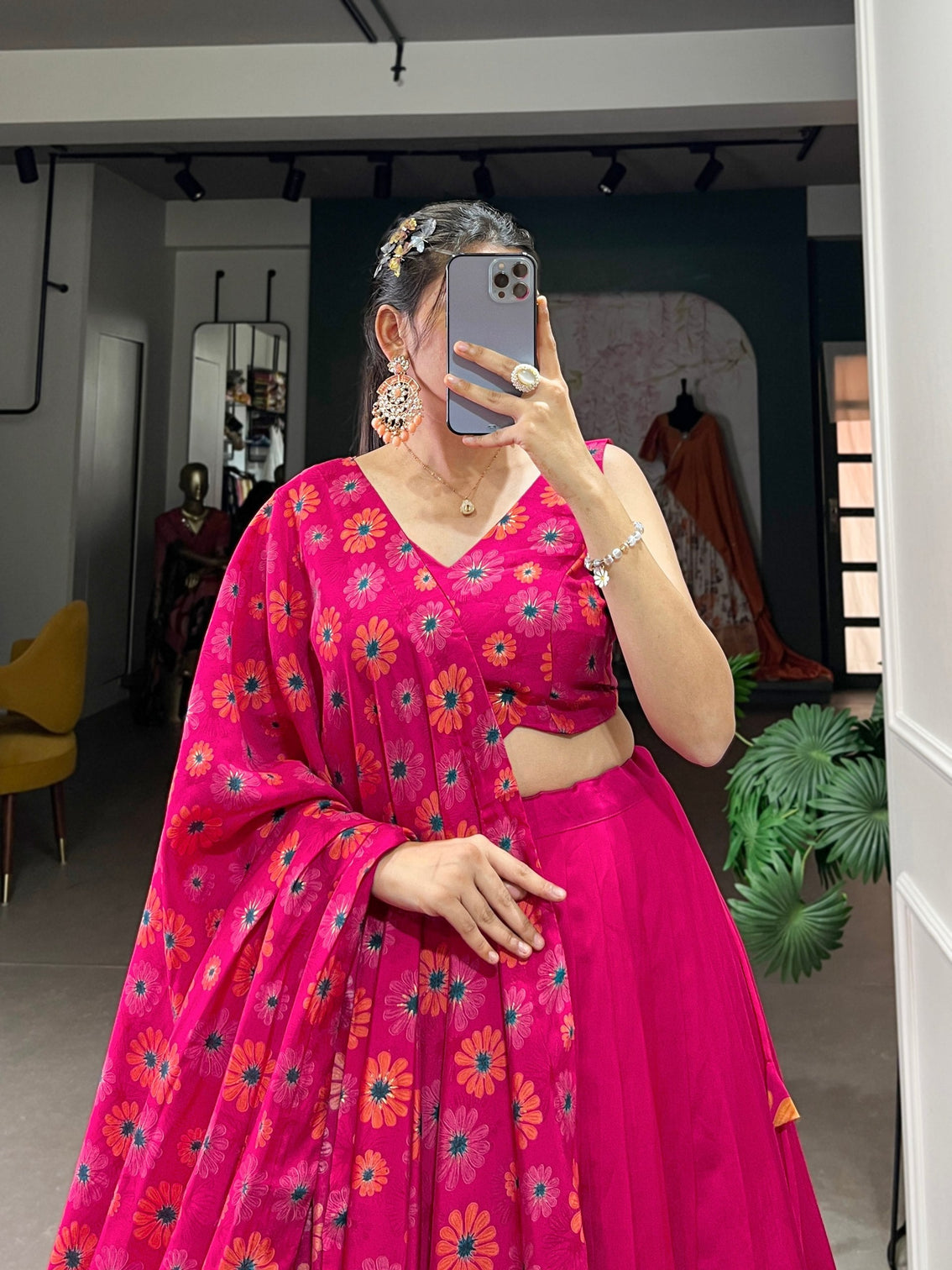 Radiant pink tussar silk floral printed lehenga set with foil work tassel dupatta