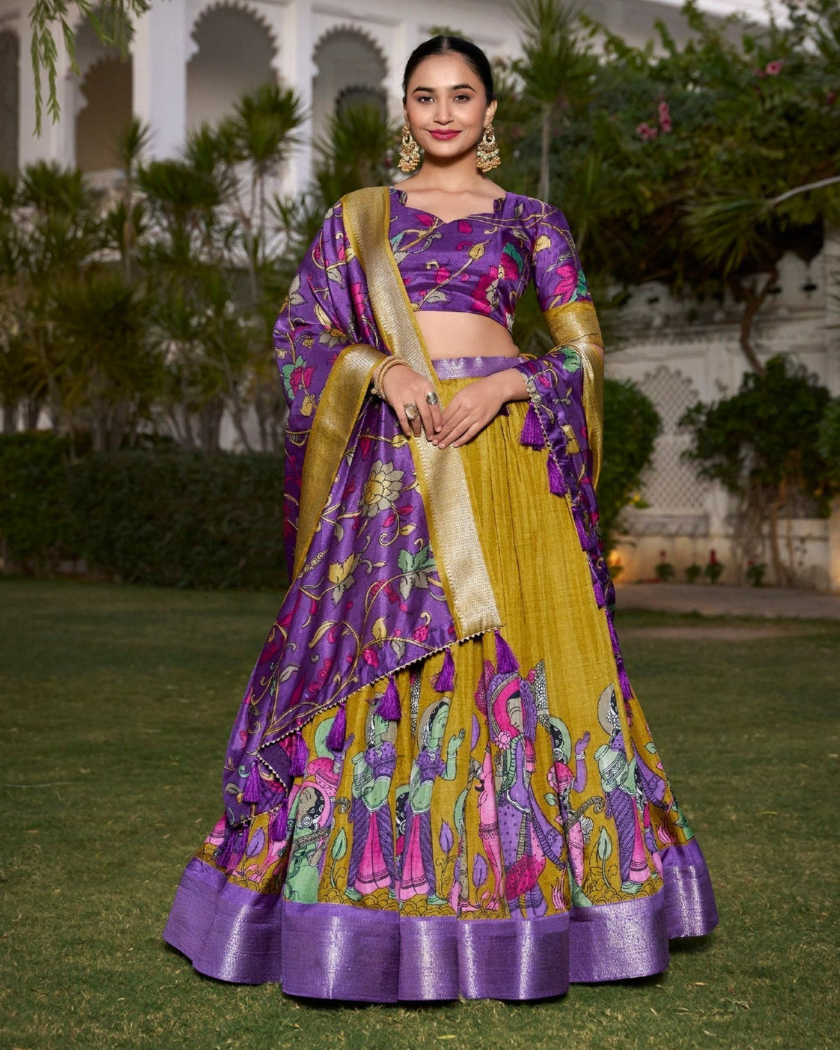Royal mustard purple dola silk kalamkari lehenga set with zari weaving border mameraa